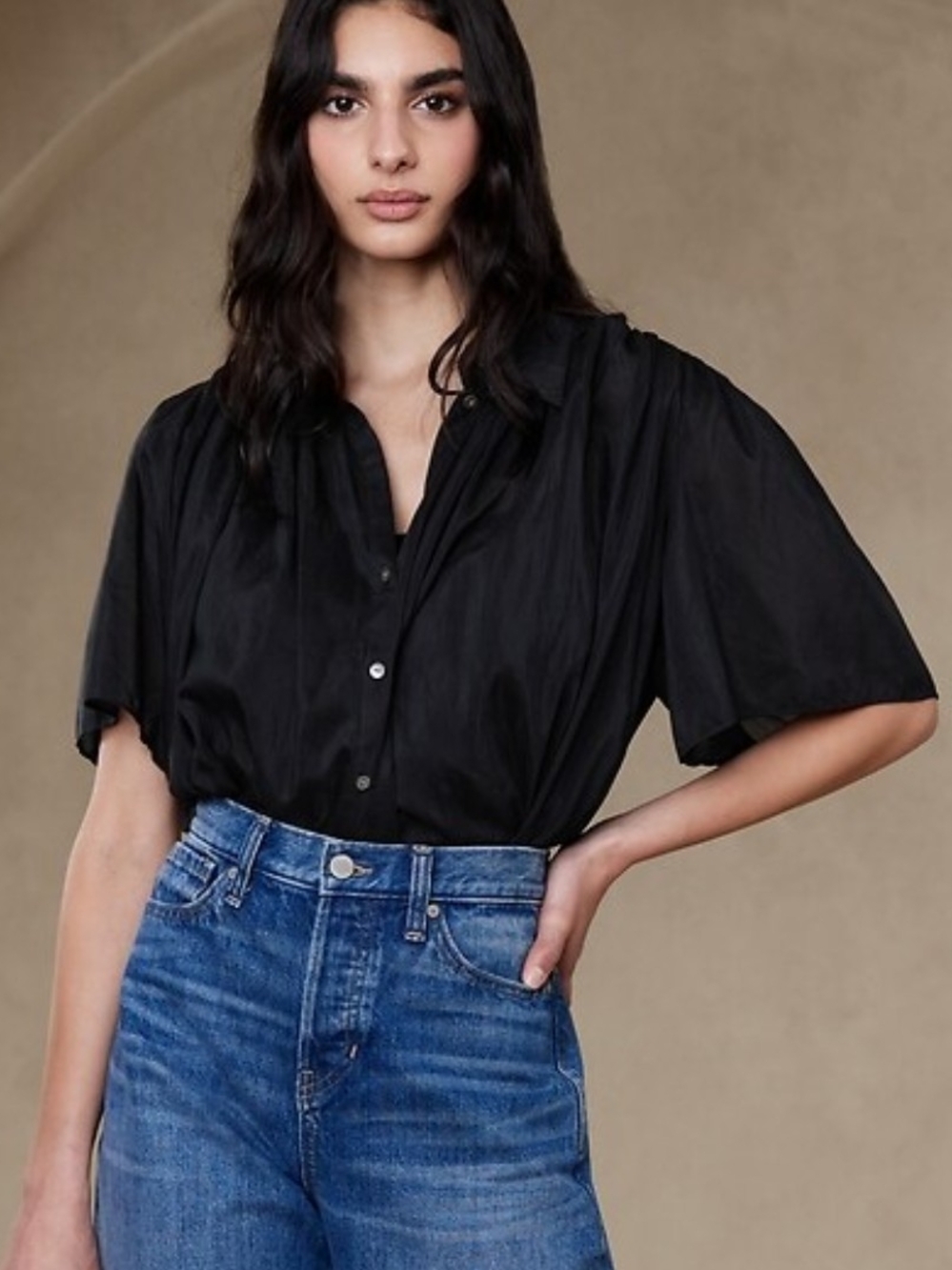 Banana Republic Black Sheer Cotton Silk Relaxed Flowy Breezy Rosalie Top SM